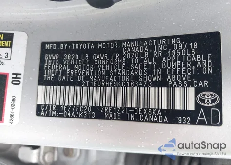 2019 Toyota Corolla Se z USA, uszkodzony, nr VIN 2T1BURHE9KC183473